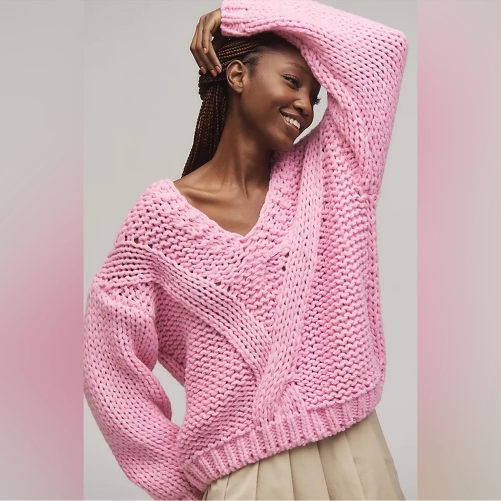 Anthropologie Self Contrast Chunky V Neck Sweater - Pink